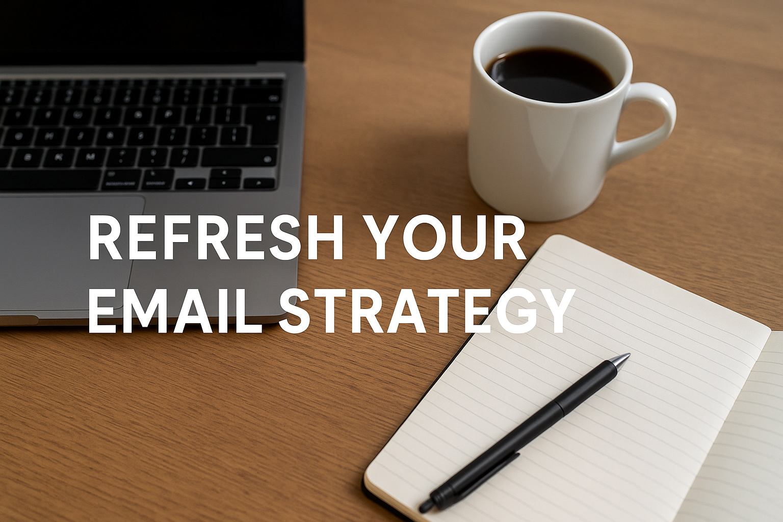 Open laptop, cup of black coffee, and a notebook with a pen on a wooden desk, with the text “Refresh Your Email Strategy” overlaid.
