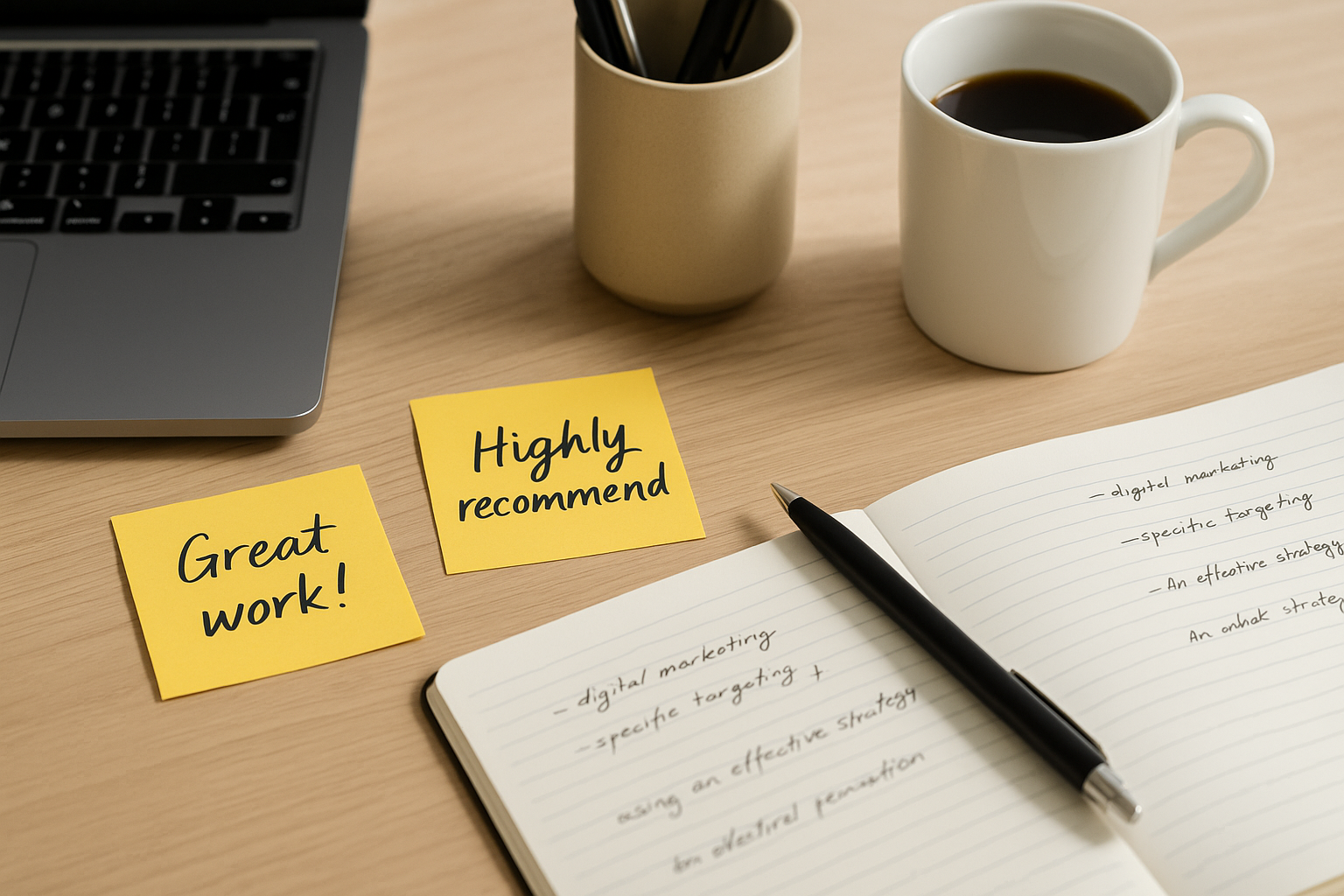 A tidy desktop with a laptop, coffee mug, open notebook, and two yellow sticky notes that say “Great work!” and “Highly recommend,” symbolizing positive client testimonials.