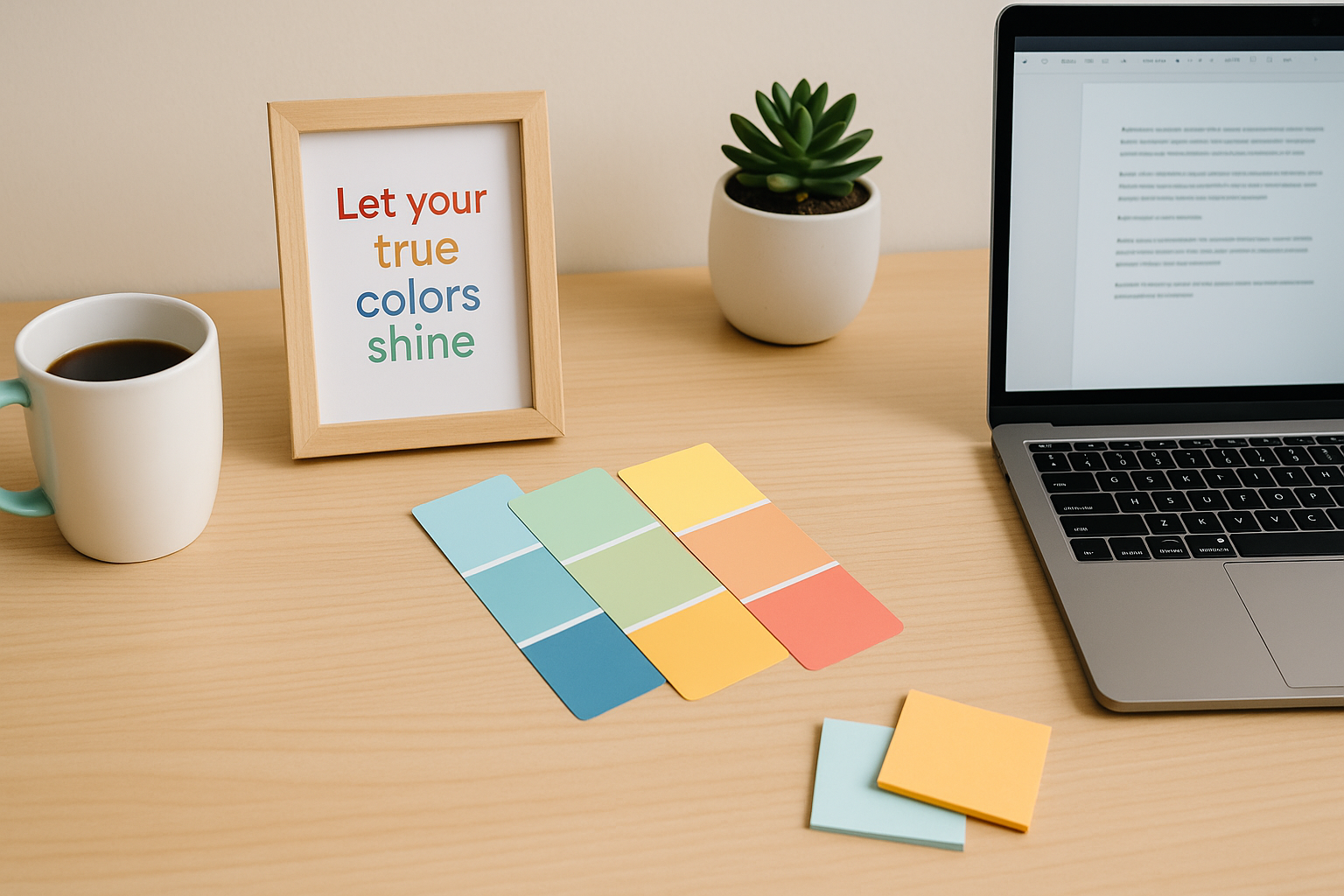 A clean, light-wood desk with a laptop, colorful paint swatches, a framed quote, a coffee mug, and a succulent—capturing a blend of professionalism and creative personality.
