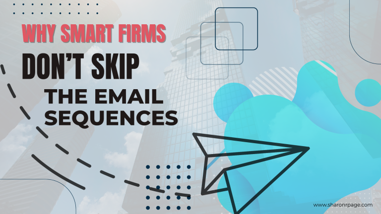 Graphic with bold text “Why Smart Firms Don’t Skip the Email Sequences” over a city skyline, with abstract blue shapes and a paper airplane illustration.